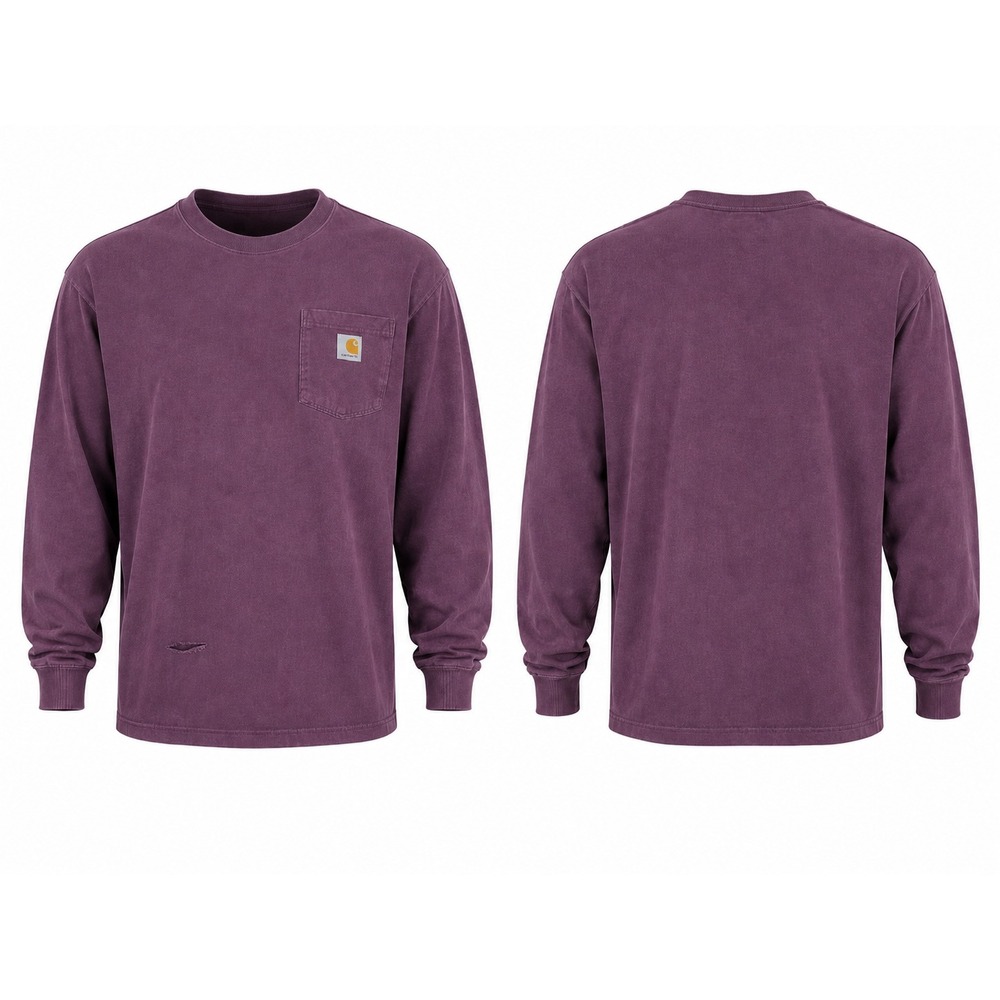 Carhartt Mens Long Sleeve Pocket T-Shirt Burgundy Purple Distressed Workwear L